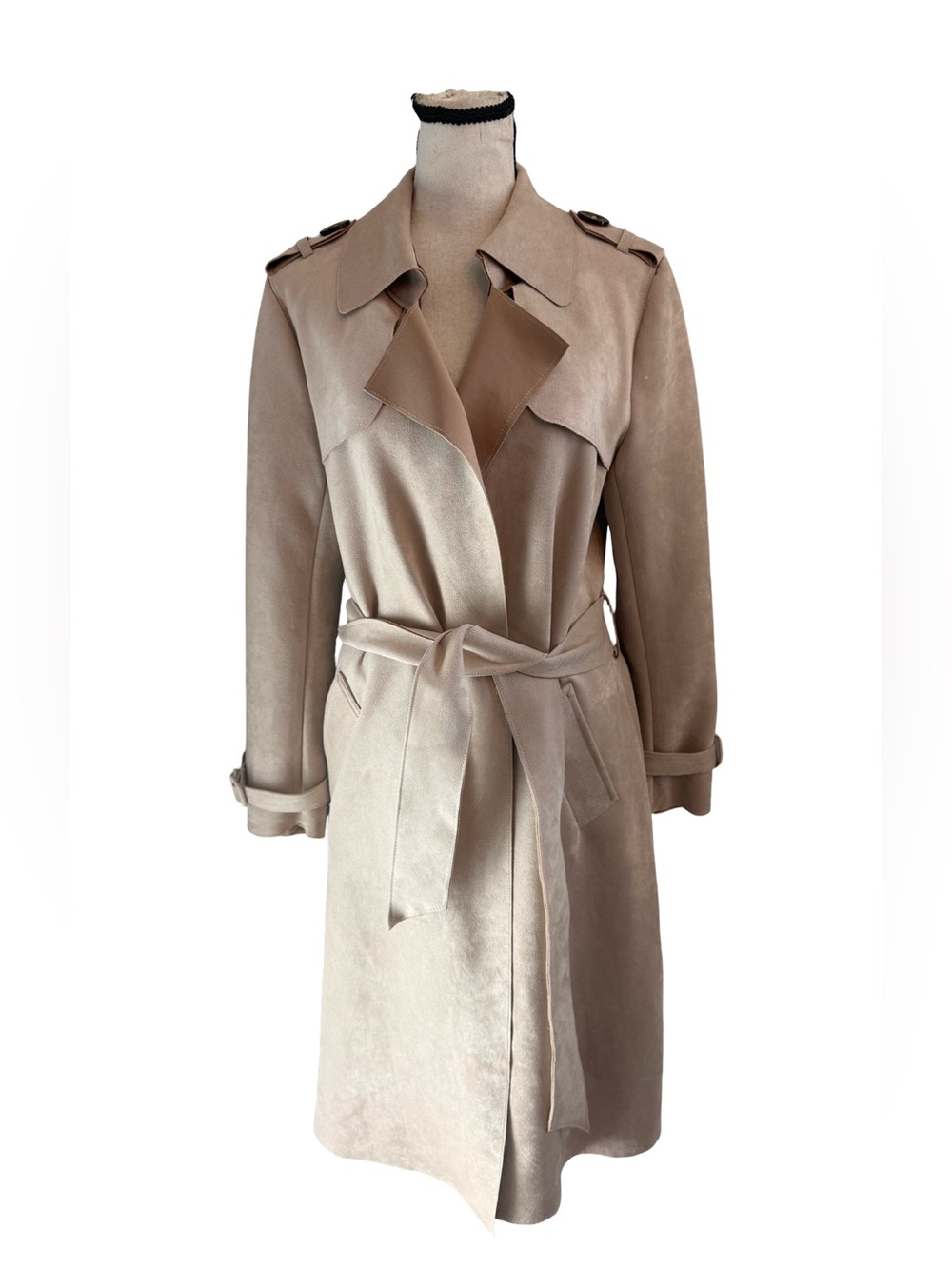 Love Token Women's Medium Beige Faux Suede Trench Coat Belted Duster